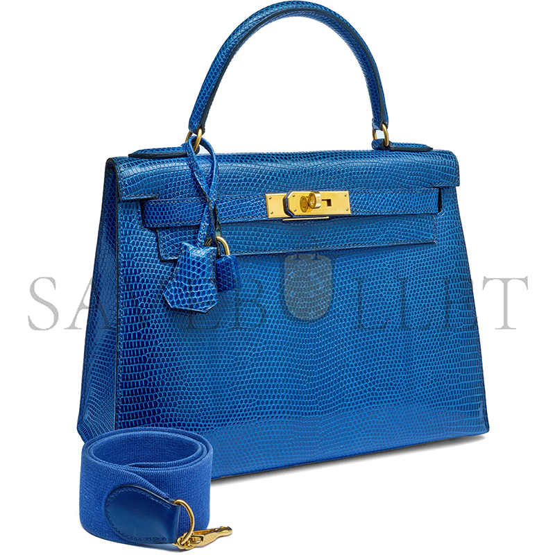 HERMÈS MASTER A SHINY BLEU ROI NILOTICUS LIZARD SELLIER KELLY 28 WITH GOLD HARDWARE (28*22*10cm)